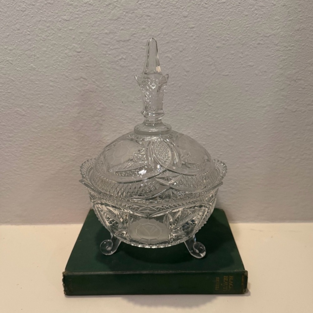 Vintage Rose Detail Cut Crystal Footed Bon Bon Lidded Dish